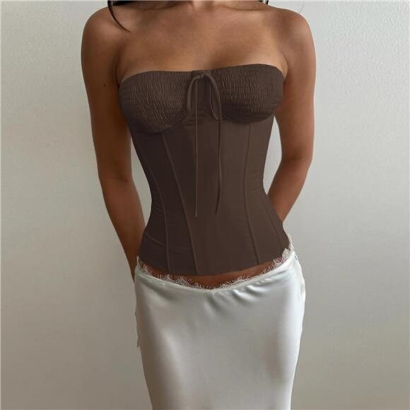 Candyhot Sexy Strapless Lace Up Backless Ruched Slim Solid Color Bodice Y2K - Picture 5 of 8